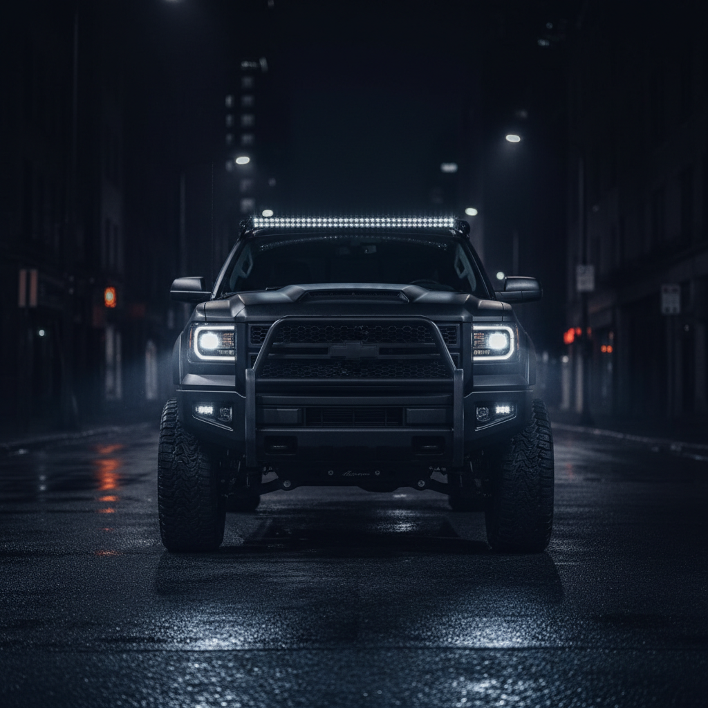 Pickup truck negro personalizado agresivo con lift kit, neumáticos off-road y luces LED, fondo urbano nocturno